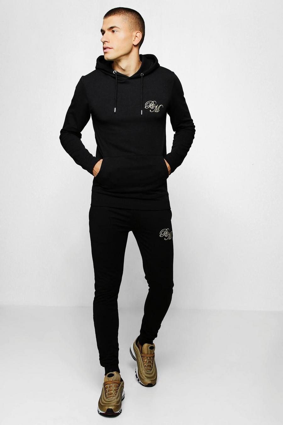 Black Muscle Fit Jersey BM Hooded Tracksuit image number 1