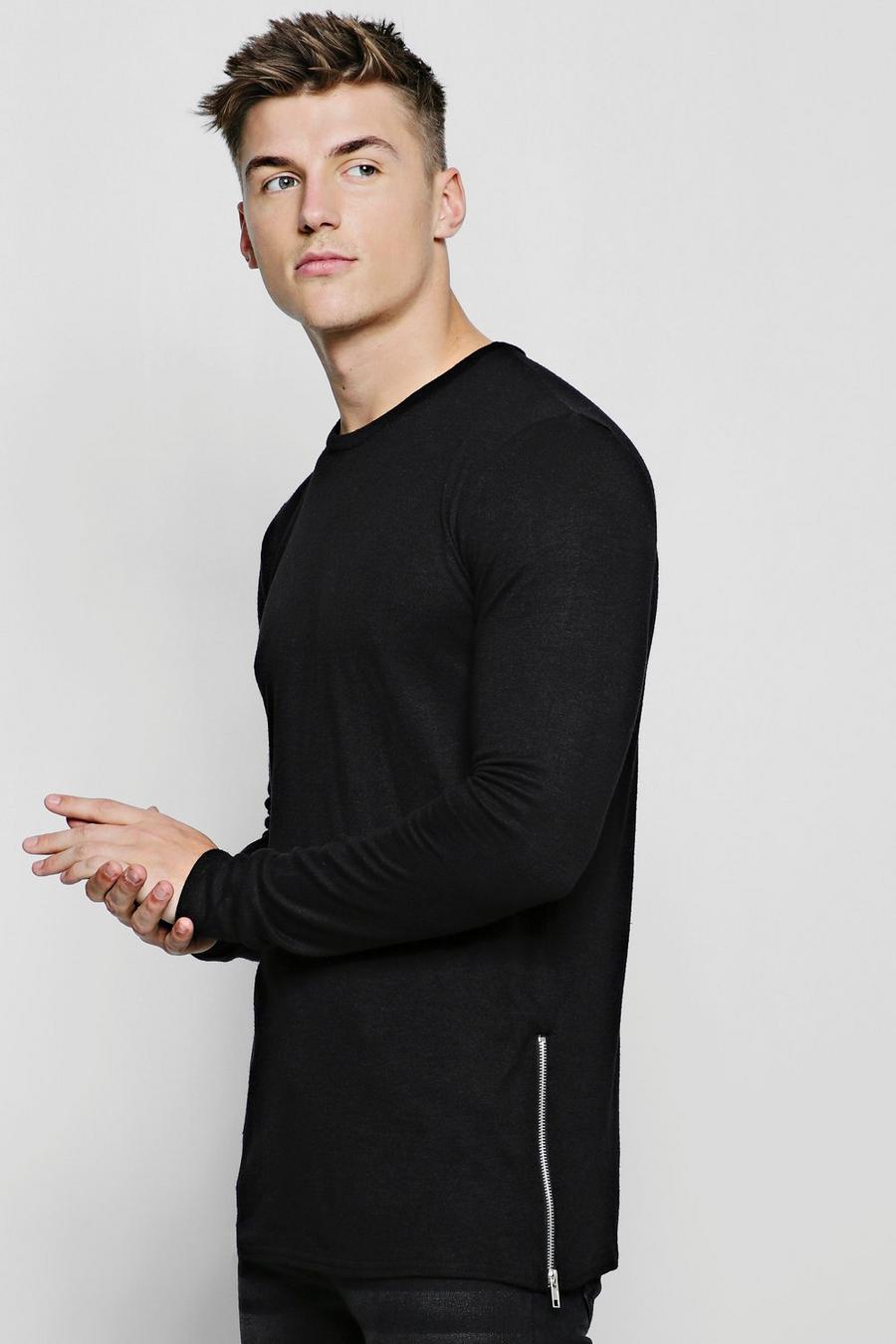 Black Crew Neck Knitted Side Zip Sweater image number 1