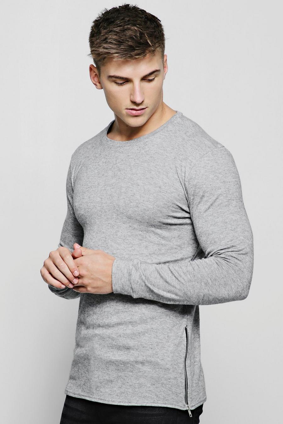 Grey Crew Neck Knitted Side Zip Sweater image number 1