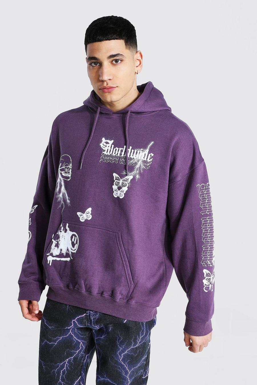 Lilac Worldwide Oversize hoodie med tryck längs ärmen image number 1