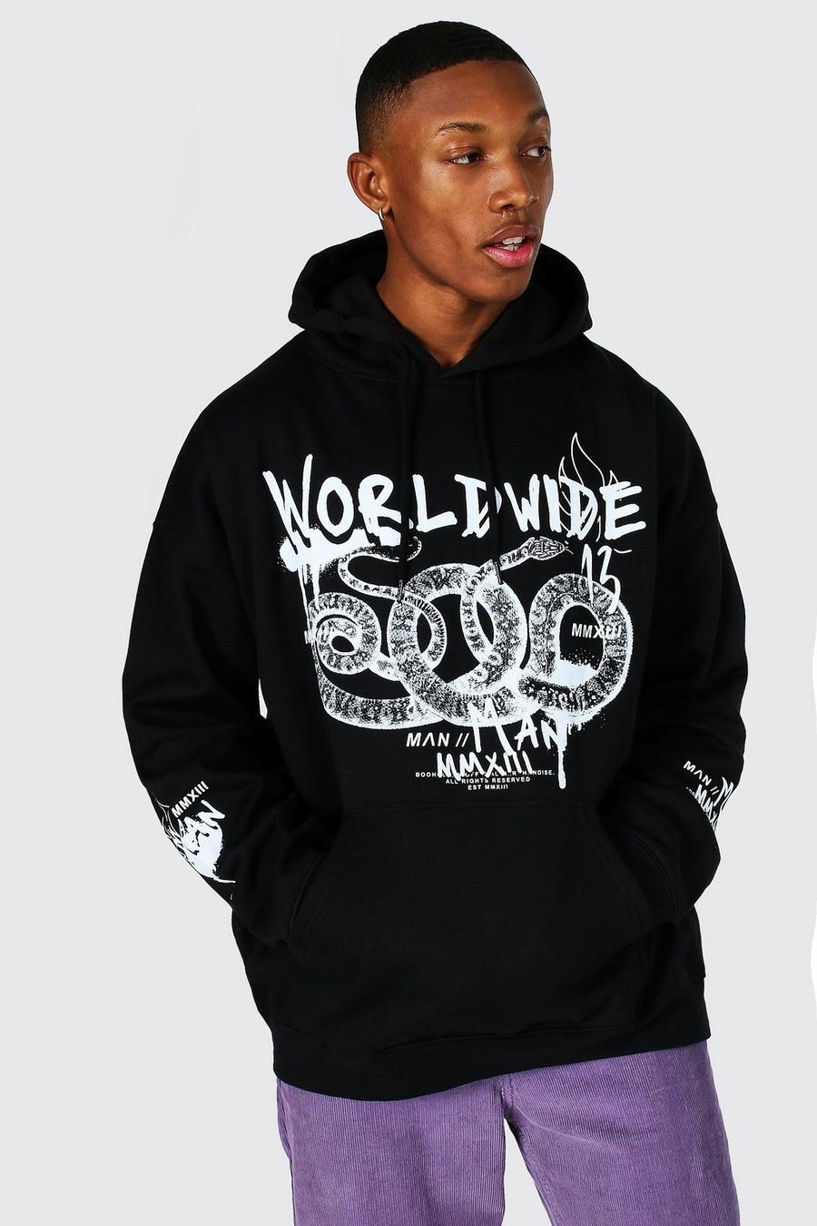Black Worldwide Oversize hoodie med ormskinnsmönster image number 1