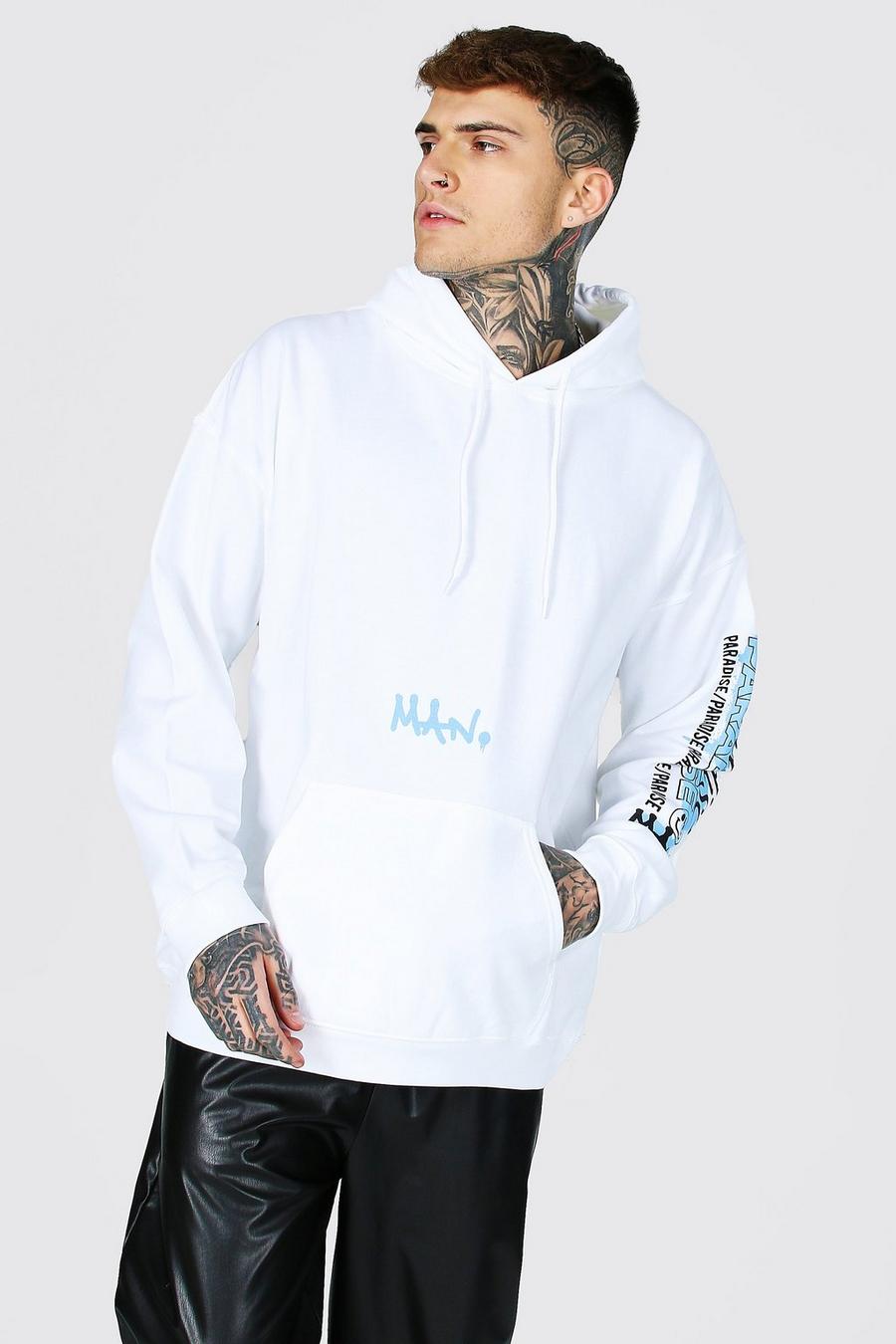 White "Paradise" Oversize hoodie med tryck längs ärmen image number 1