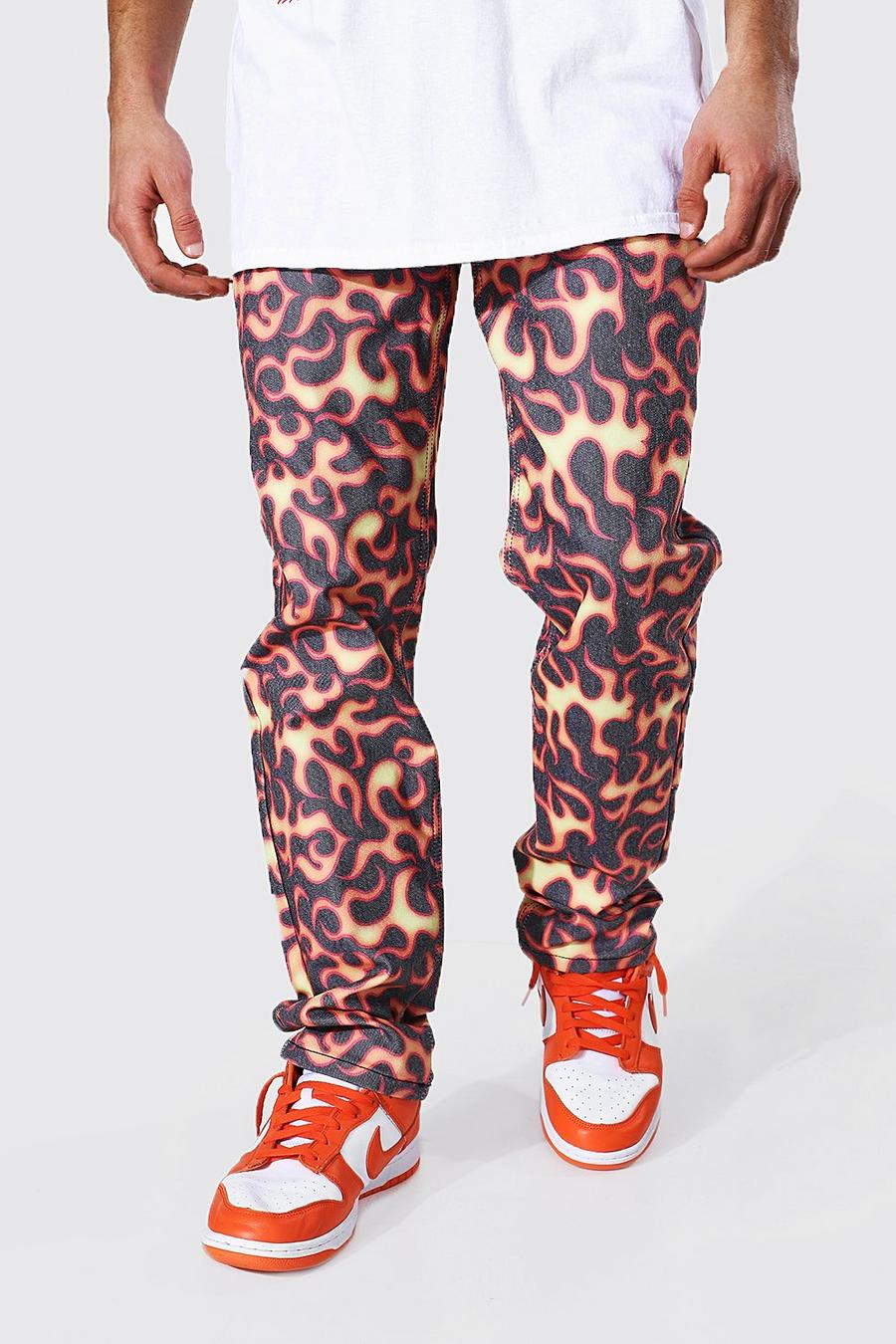 Orange Straight Leg Fire All Over Print Jeans image number 1