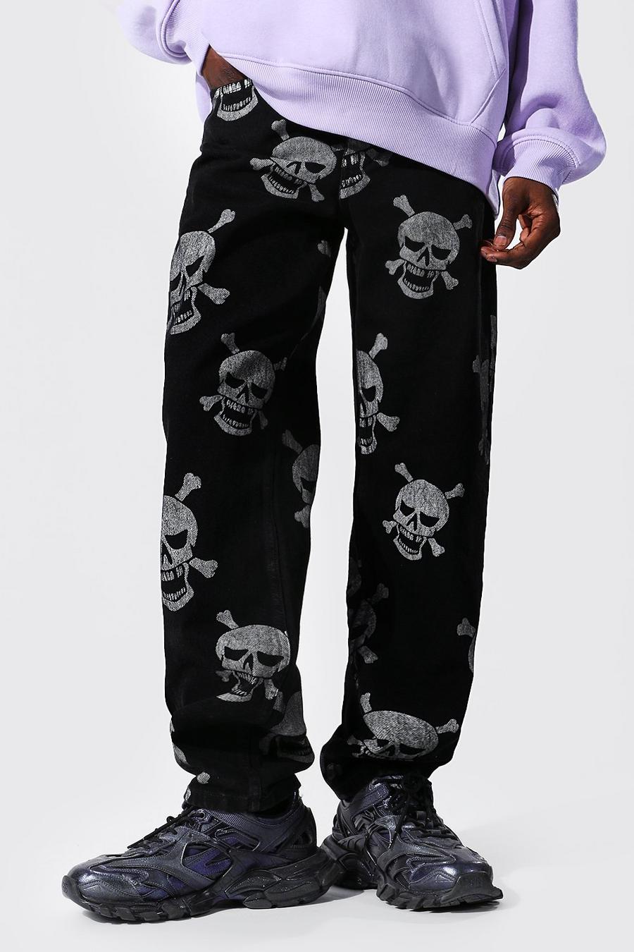 Relaxed Fit Skull Aop Jeans, Washed black image number 1
