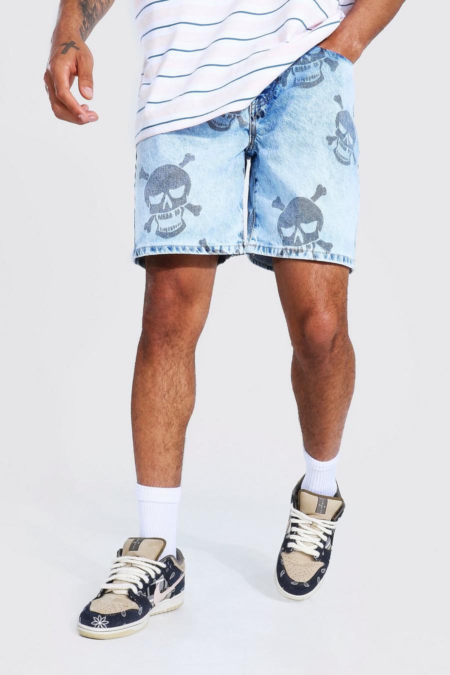 Relaxed Fit Skull Aop Jeansshorts, Ice blue image number 1