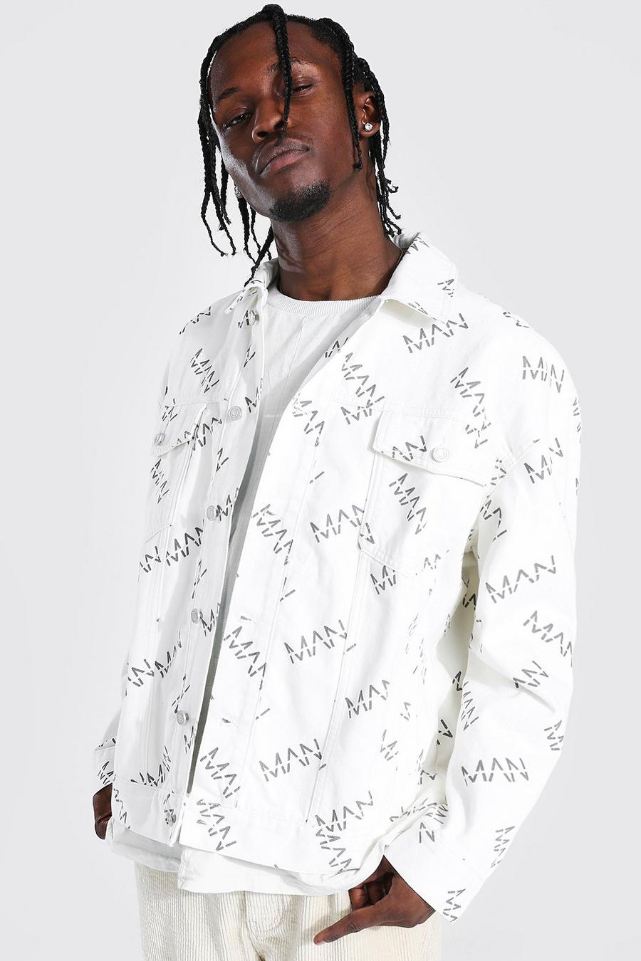 Ecru white Oversized Fit Man All Over Print Denim Jacket image number 1