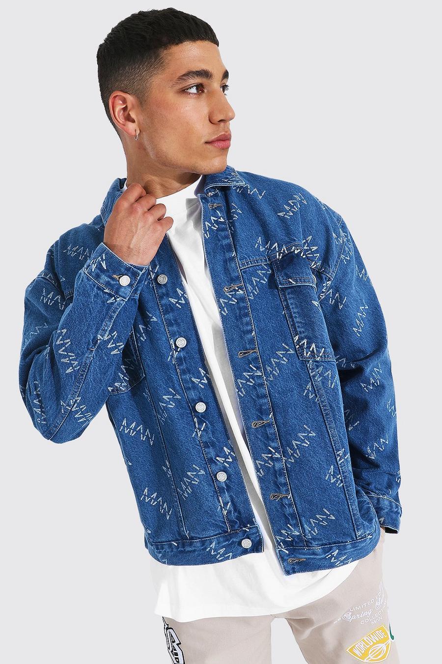 Giacca in denim oversize con stampa di logo Man all over, Ice blue image number 1