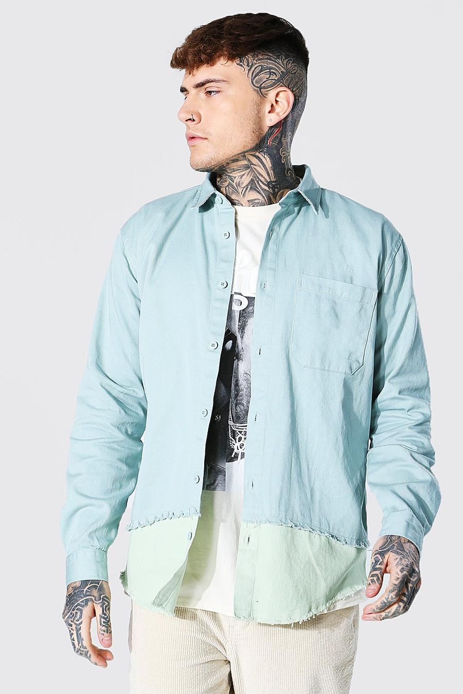 Teal Spliced Twill Overshirt image number 1