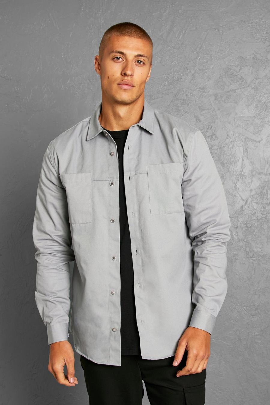 Grey Minimal Plain Twill Overshirt image number 1