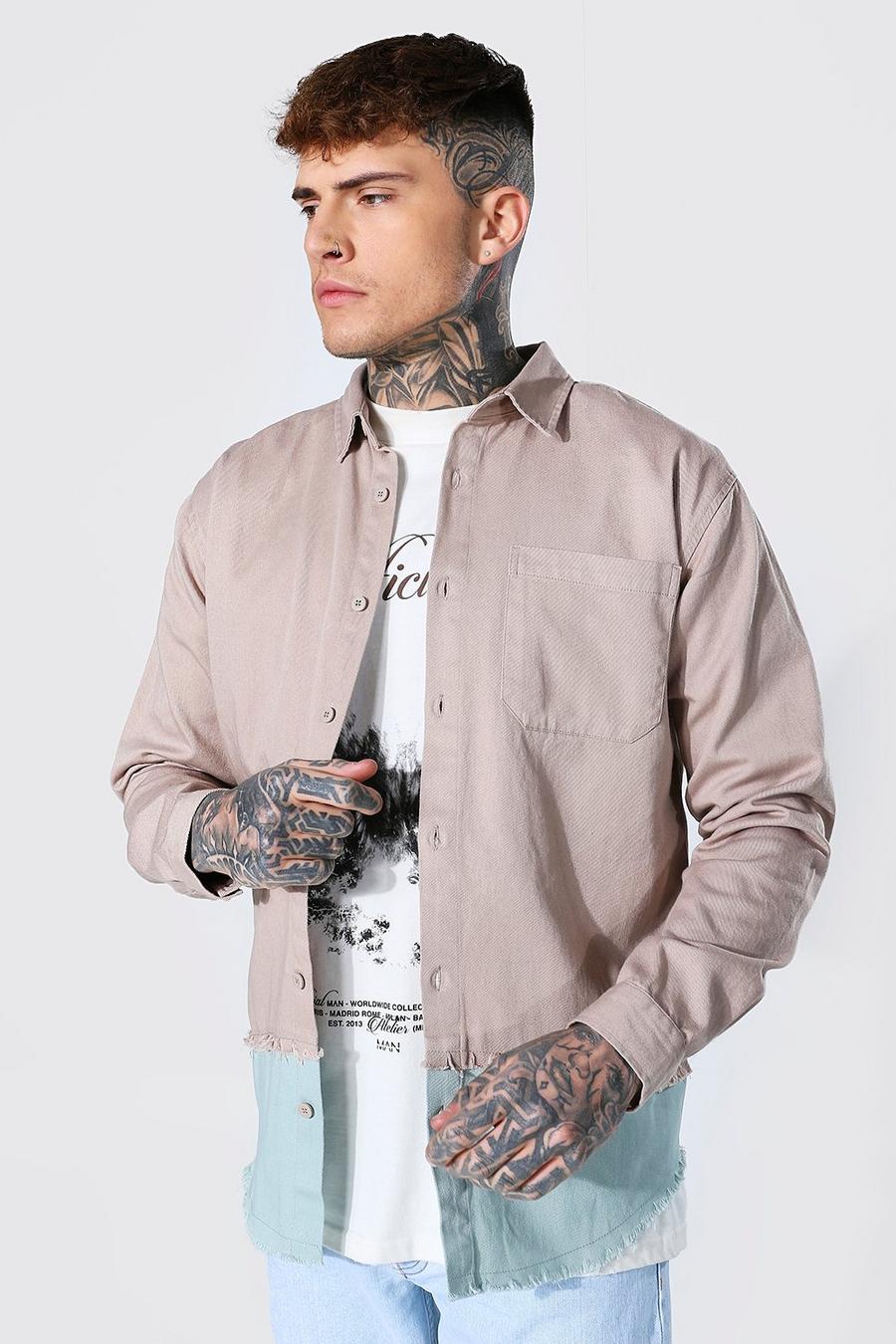 Taupe Spliced Twill Overshirt image number 1