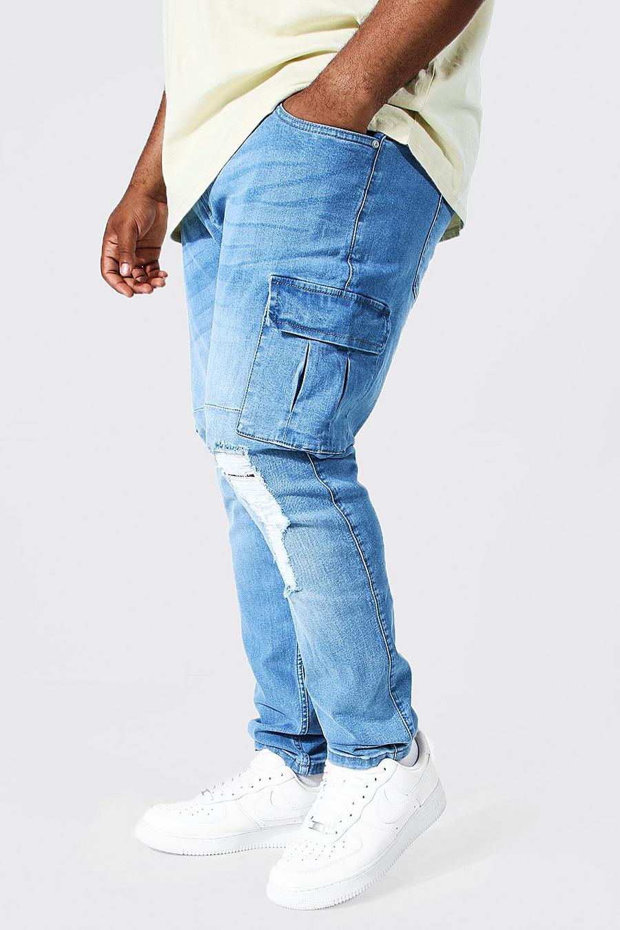 Light blue Plus - Skinny jeans med cargofickor och slitna knän image number 1