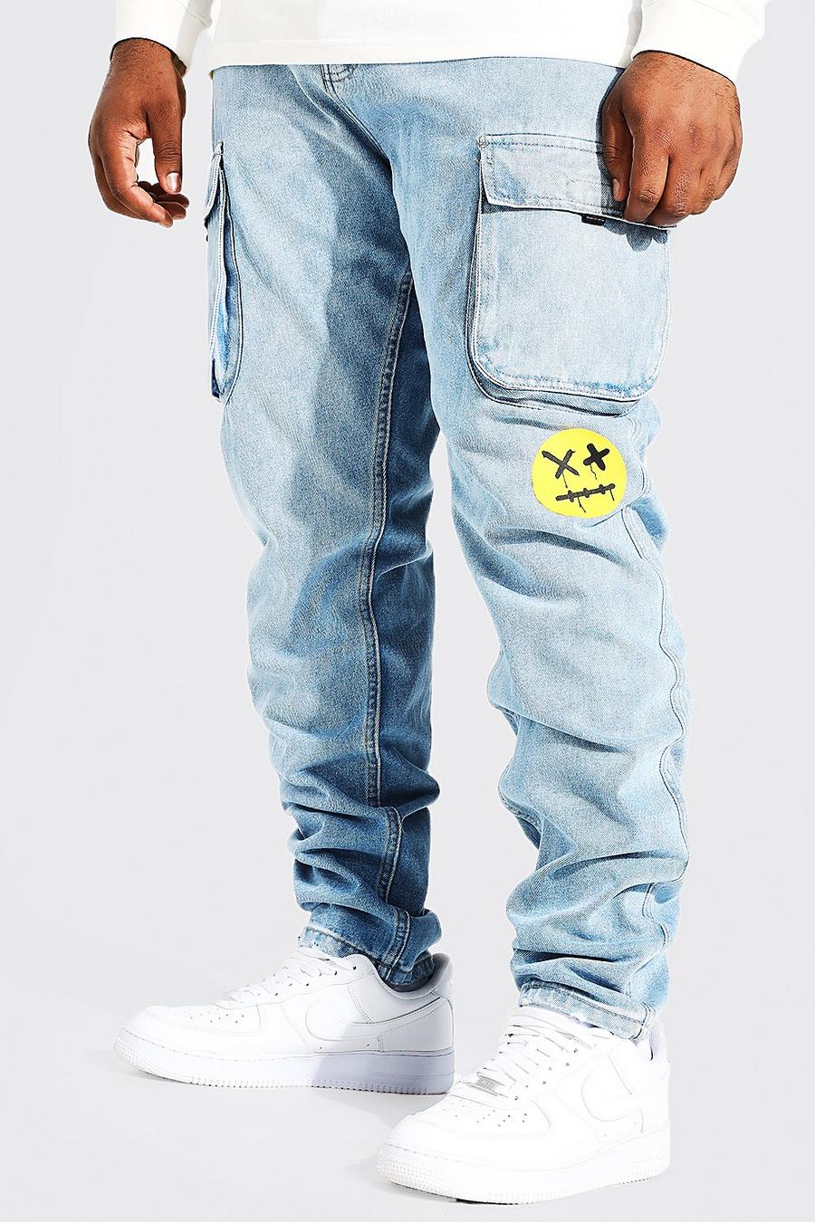 Jeans Cargo Plus Size Skinny Fit in denim rigido con stampa e pieghe sul fondo, Ice blue image number 1