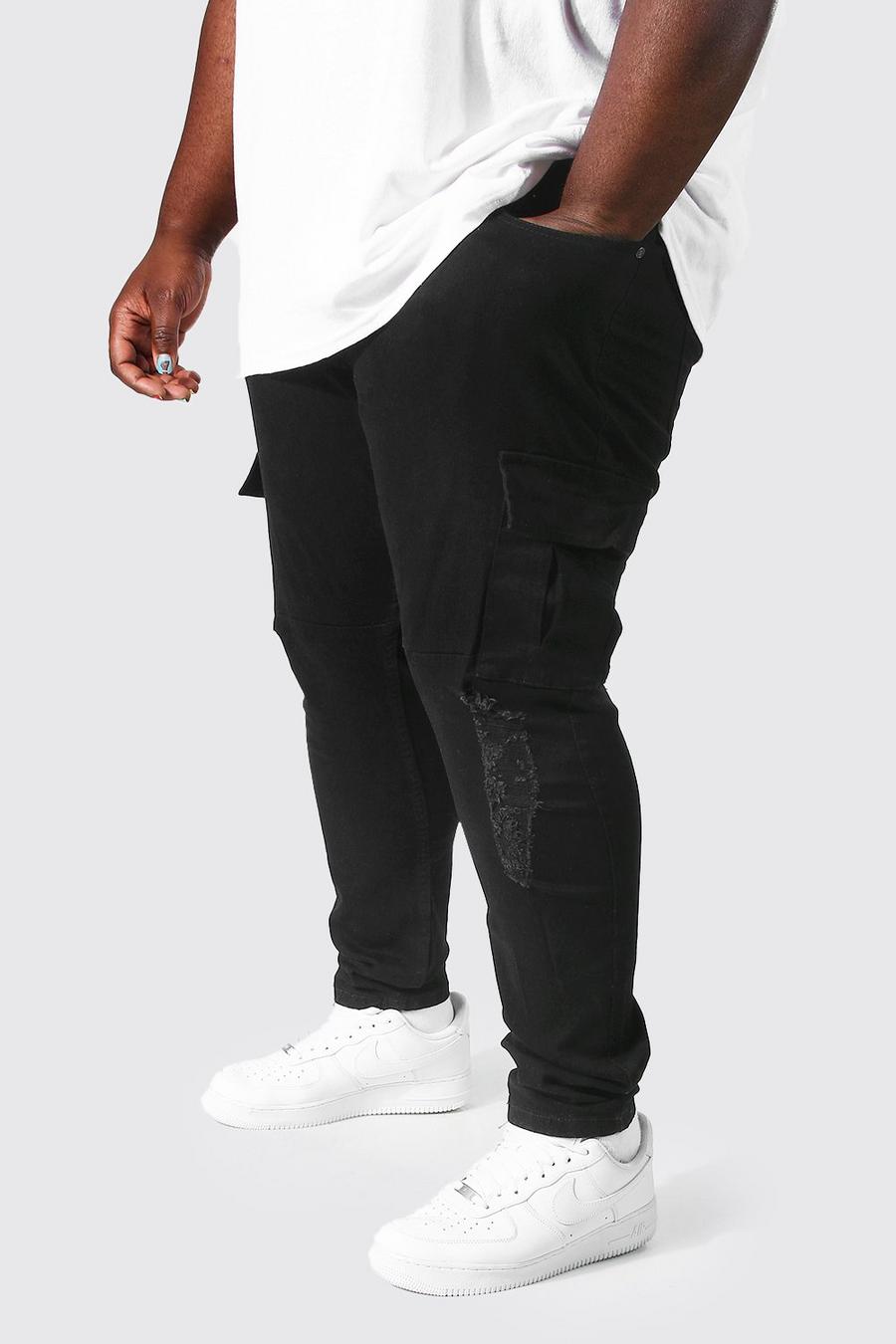 True black Plus - Skinny jeans med cargofickor och slitna knän image number 1
