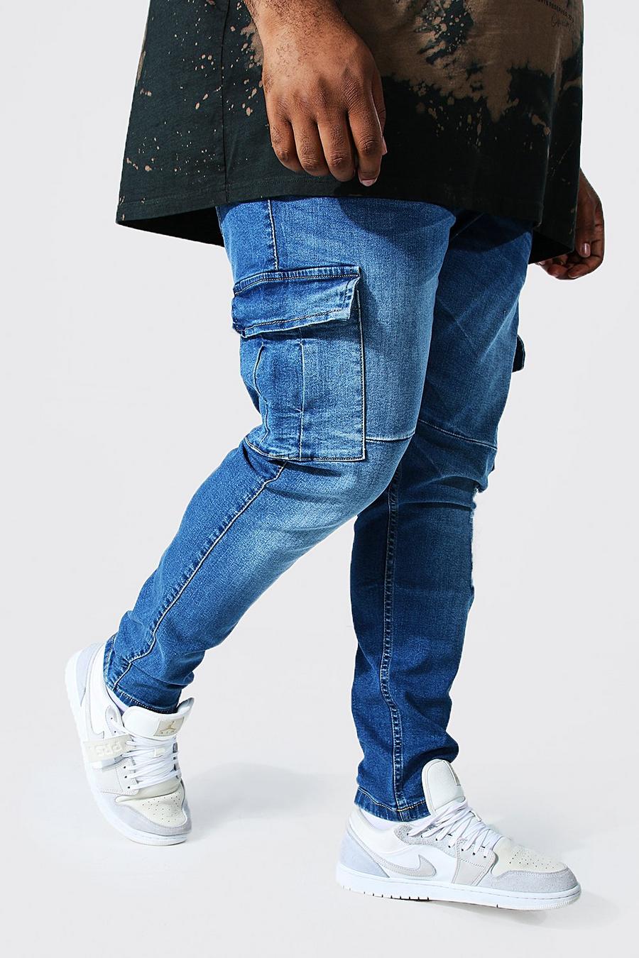 Mid blue Plus - Skinny jeans med cargofickor och slitna knän image number 1