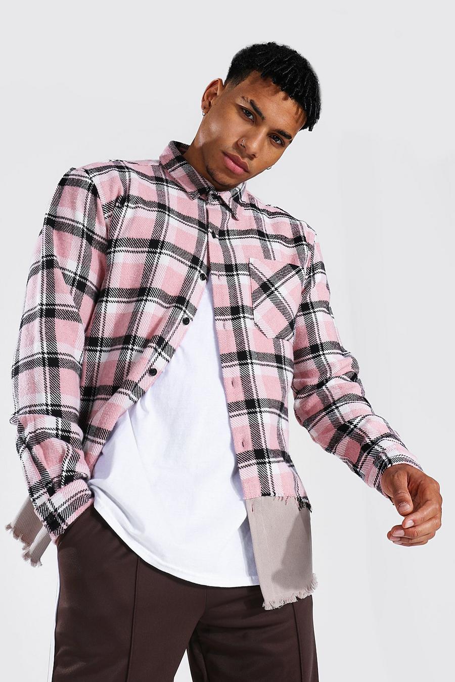 Light pink Spliced Check & Twill Overshirt image number 1