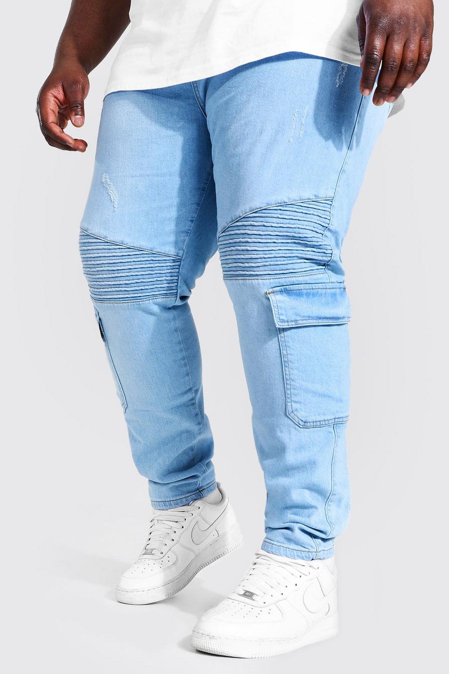 כחול בהיר סקיני ג'ינס אופנוענים בסגנון דגמ"ח נמתח, מידות גדולות image number 1