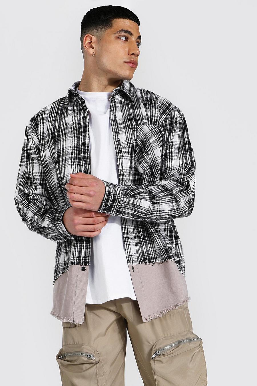 Ecru Heavy Weight Spliced Check & Twill Overshirt image number 1