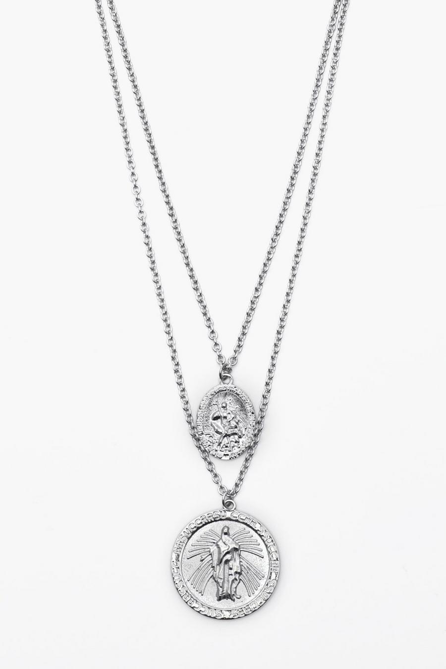 Silver Double Saint Emboss Coin Necklace image number 1
