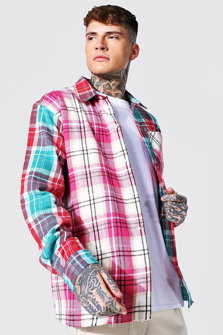 Pink Oversized Spliced Check Shirt image number 1