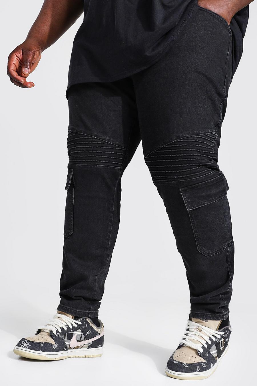 שחור דהוי סקיני ג'ינס אופנוענים בסגנון דגמ"ח נמתח, מידות גדולות image number 1
