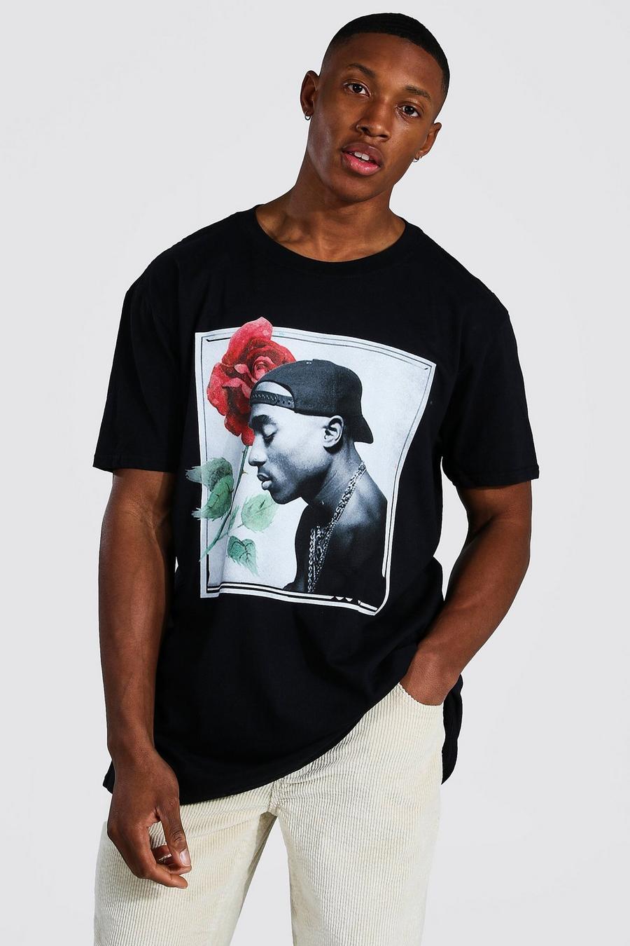 T-Shirt in Übergröße mit lizenziertem Tupac Rose-Print, Schwarz image number 1