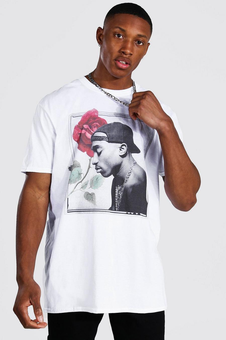 T-Shirt in Übergröße mit lizenziertem Tupac Rose-Print, Weiß image number 1