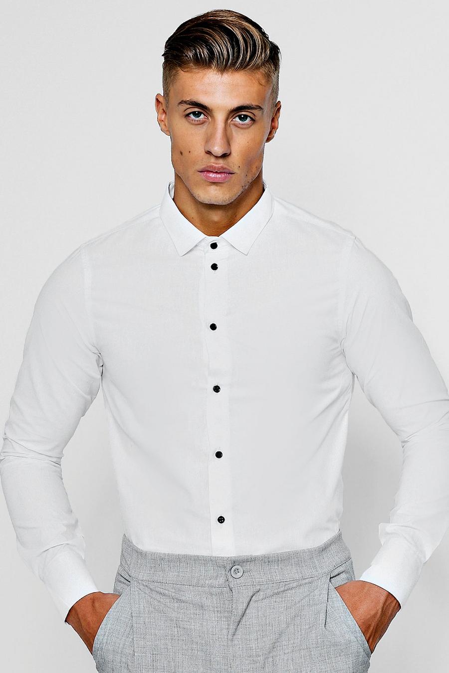 לבן חולצה בגזרה צרה עם שרוולים ארוכים וכפתורים בצבעים מנוגדים image number 1