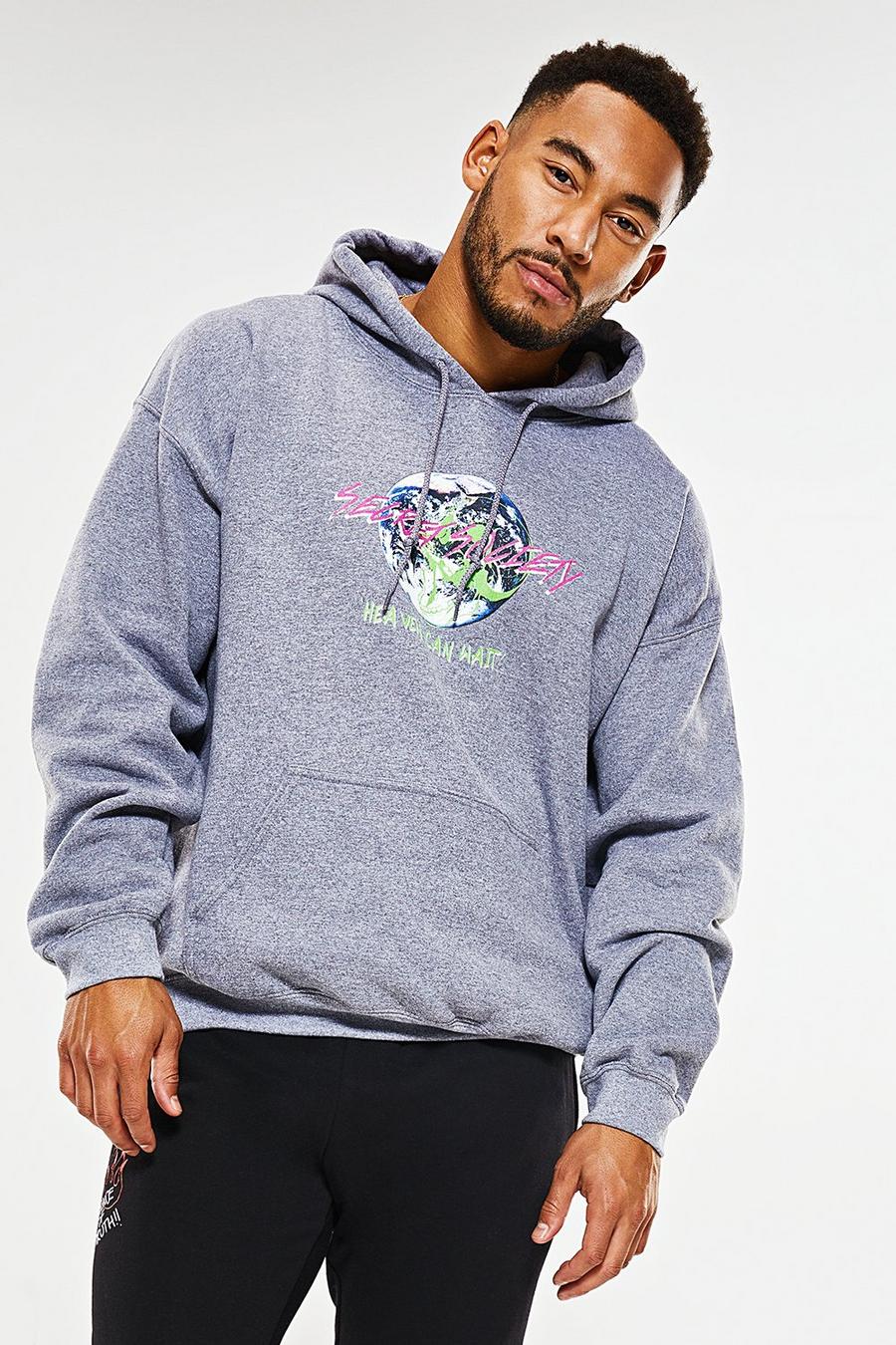 Grey Oversized Heaven Can Wait Print Hoodie image number 1