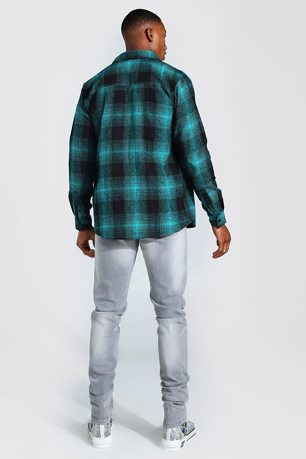 Regular-Fit Long Sleeve Plaid Flannel Shirt Ombre Blue-Green-Black Dip Dye