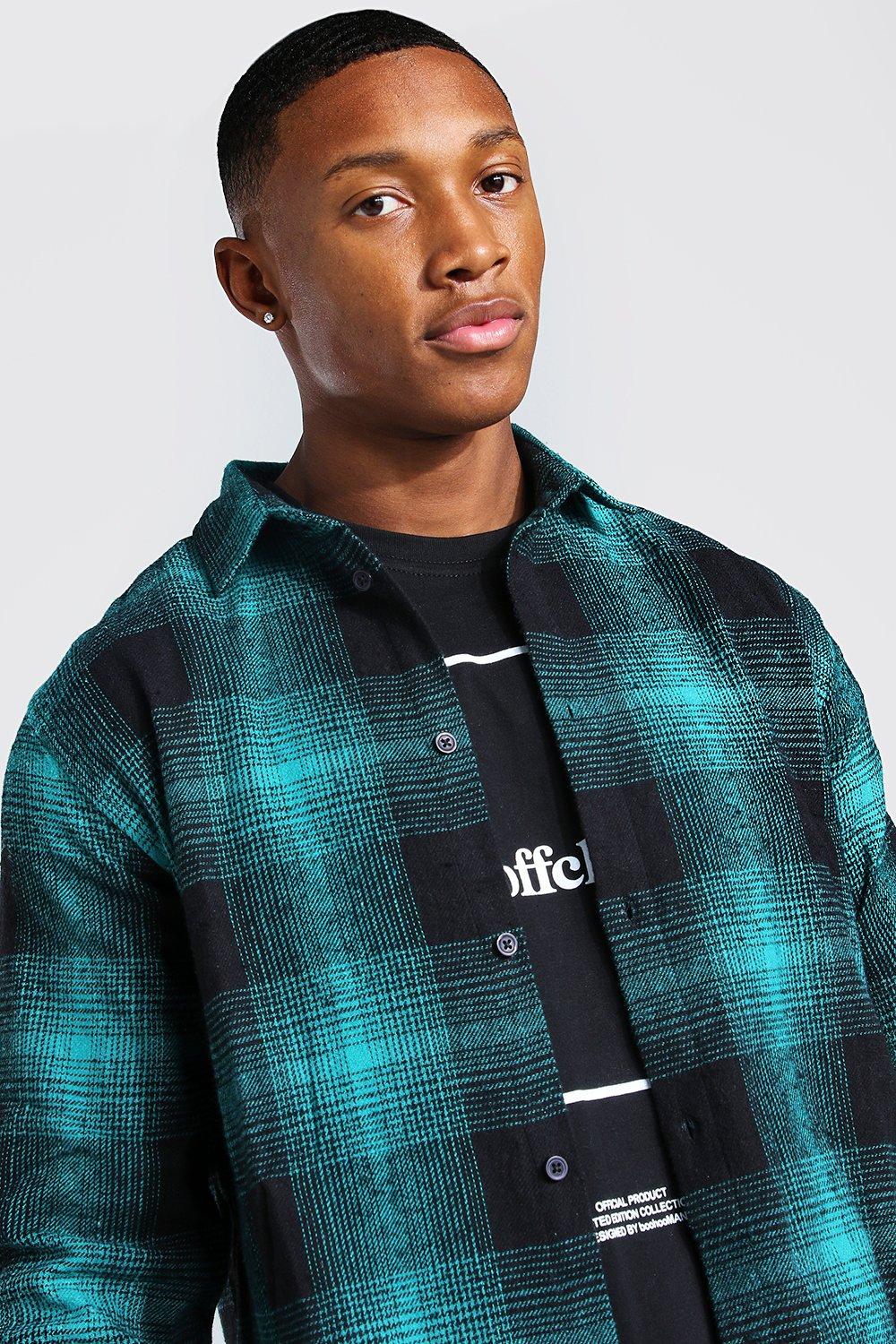 boohooMAN Long Sleeve Longline Flannel Shirt - Green - Size XS