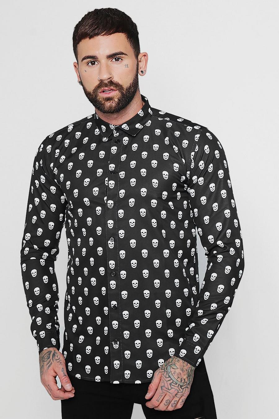 Men's Skull Print Long Sleeve Satin Shirt | Boohoo UK