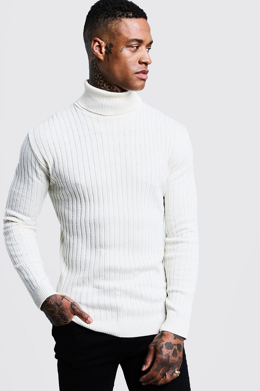 Ecru Muscle Fit Ribbed Long Sleeve Roll Neck Jumper image number 1