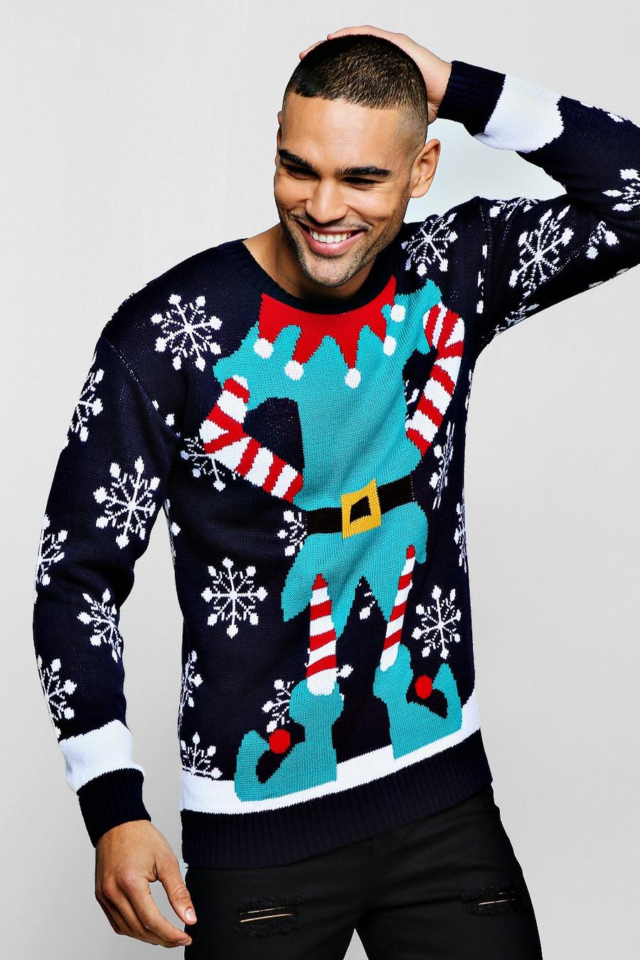 Navy Elf Knitted Christmas Jumper image number 1