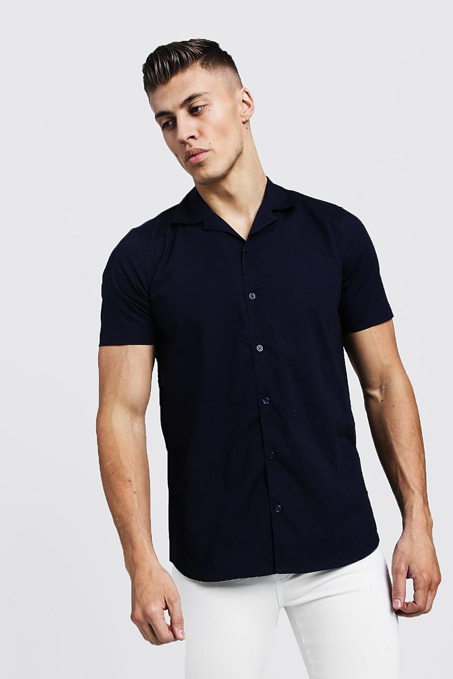 Muscle Fit Revere Collar Short Sleeve Shirt, Navy image number 1