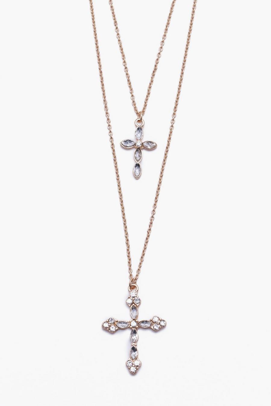 Gold metallic Cross Pendant Double Layer Necklace image number 1