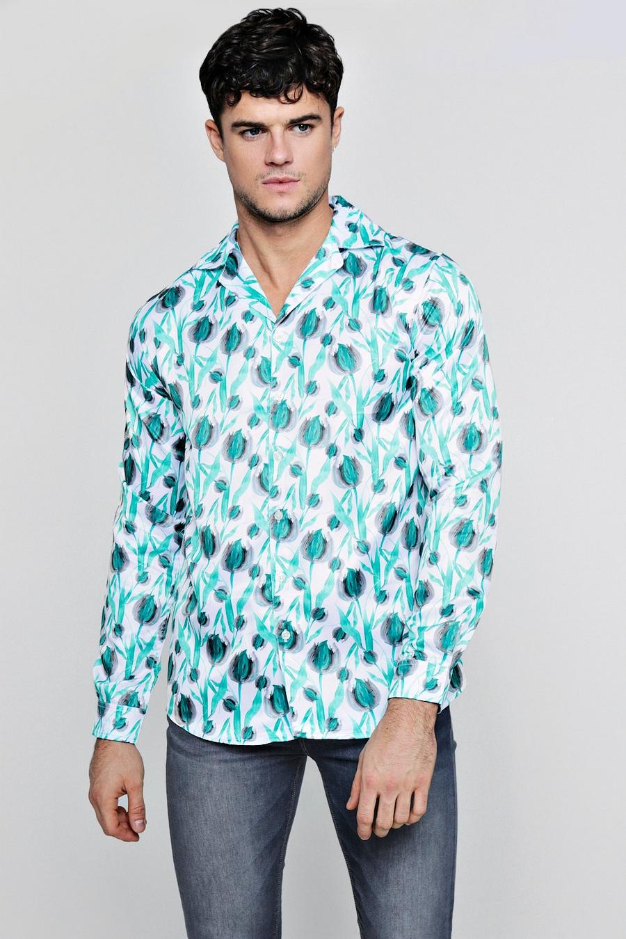 Painted Floral Print Long Sleeve Satin Shirt, White image number 1