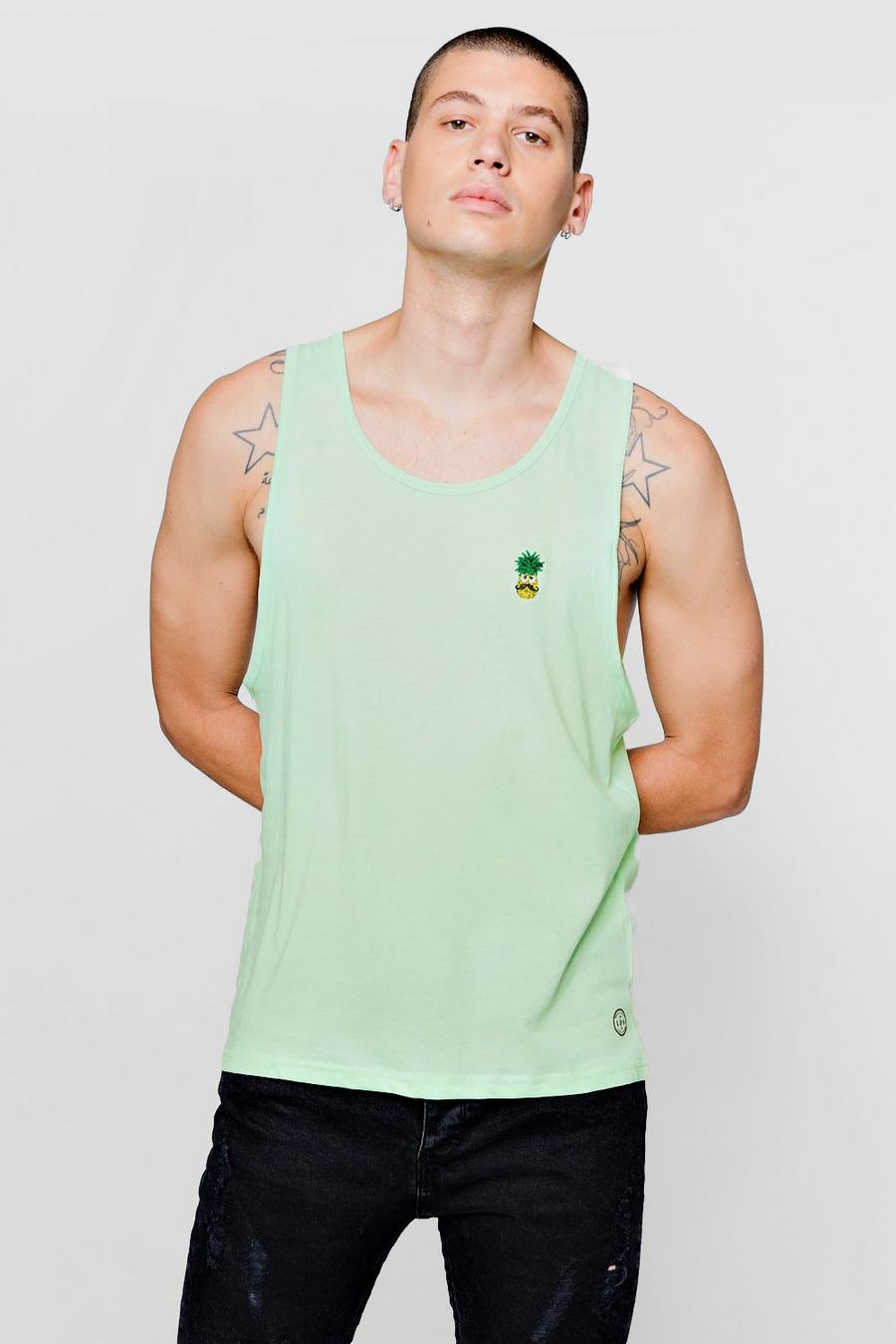 Green Drop Arm Hole Tank Top With Pineapple Badge image number 1