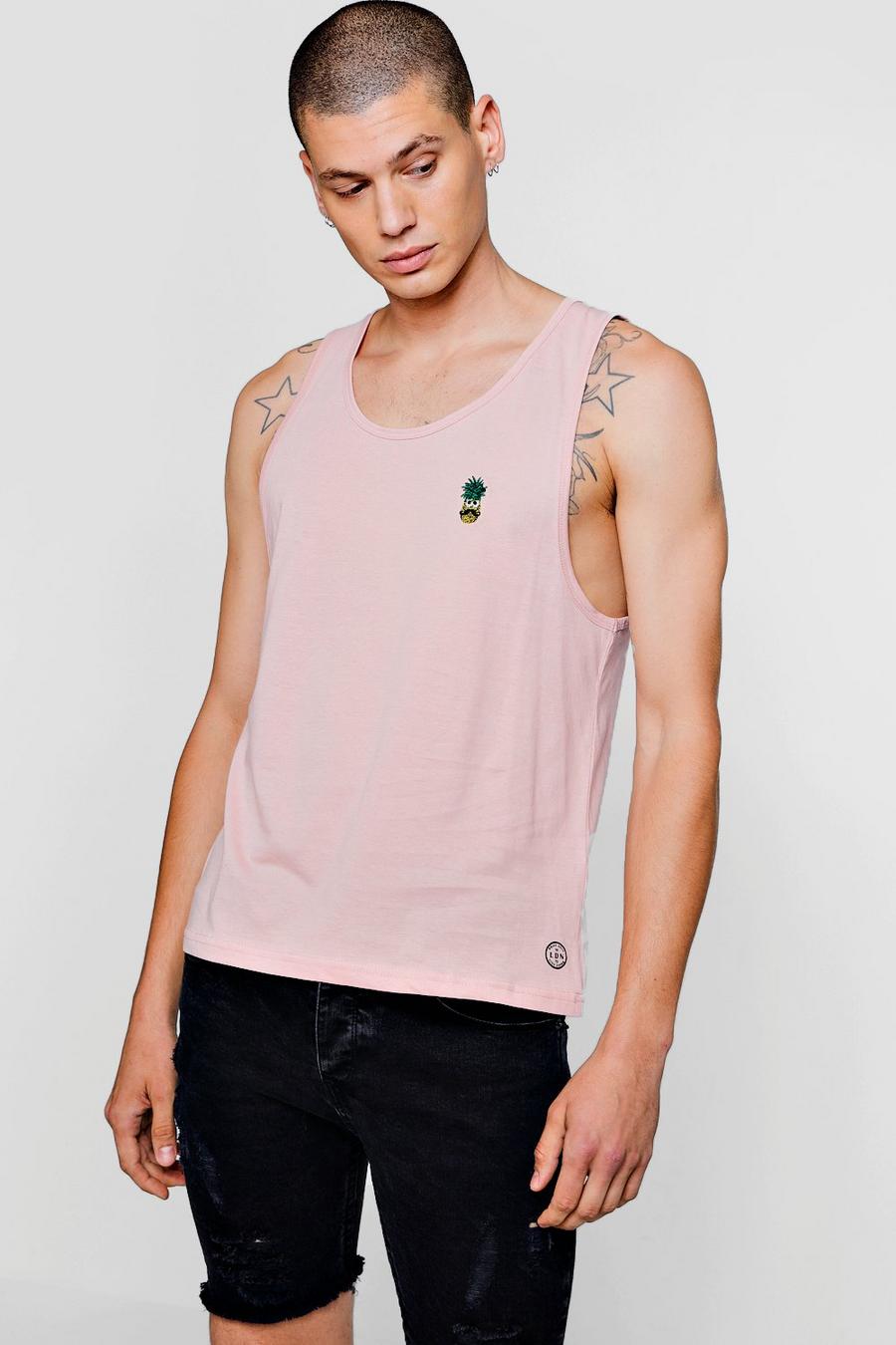 Pink Drop Arm Hole Tank Top With Pineapple Badge image number 1