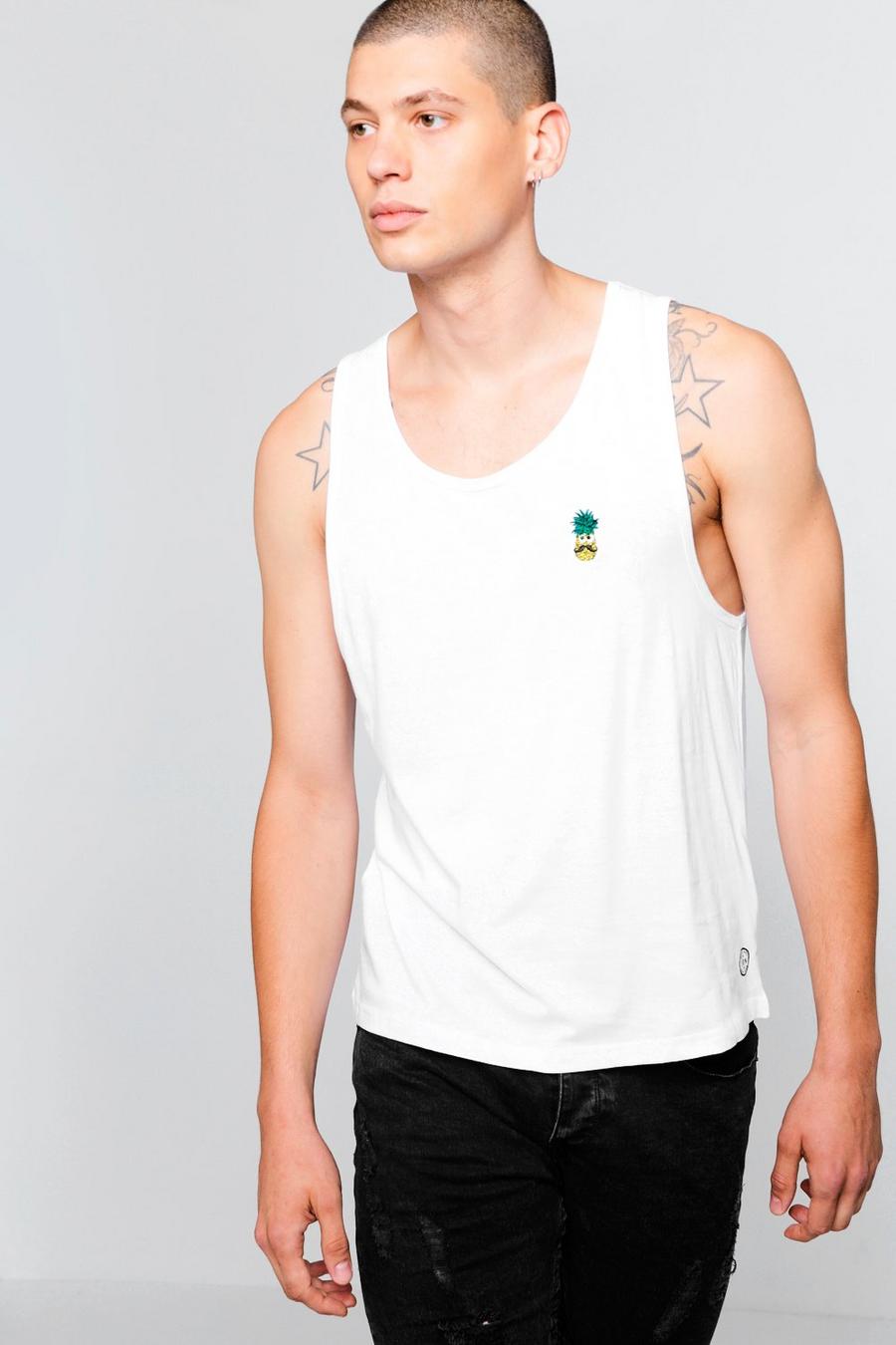 White Drop Arm Hole Tank Top With Pineapple Badge image number 1