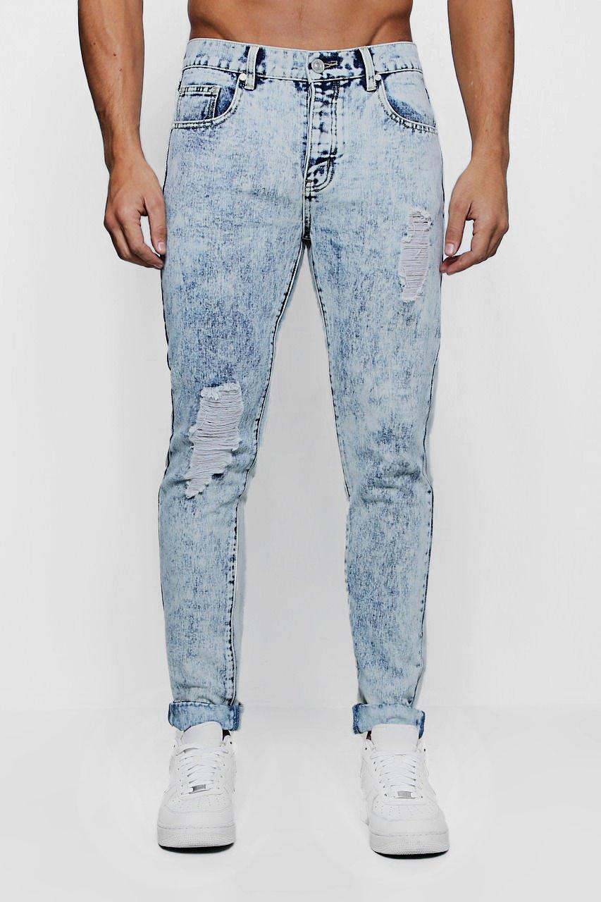 dine New Zealand Imagination Men's Skinny Fit Acid Wash Jeans with Distressing | boohoo