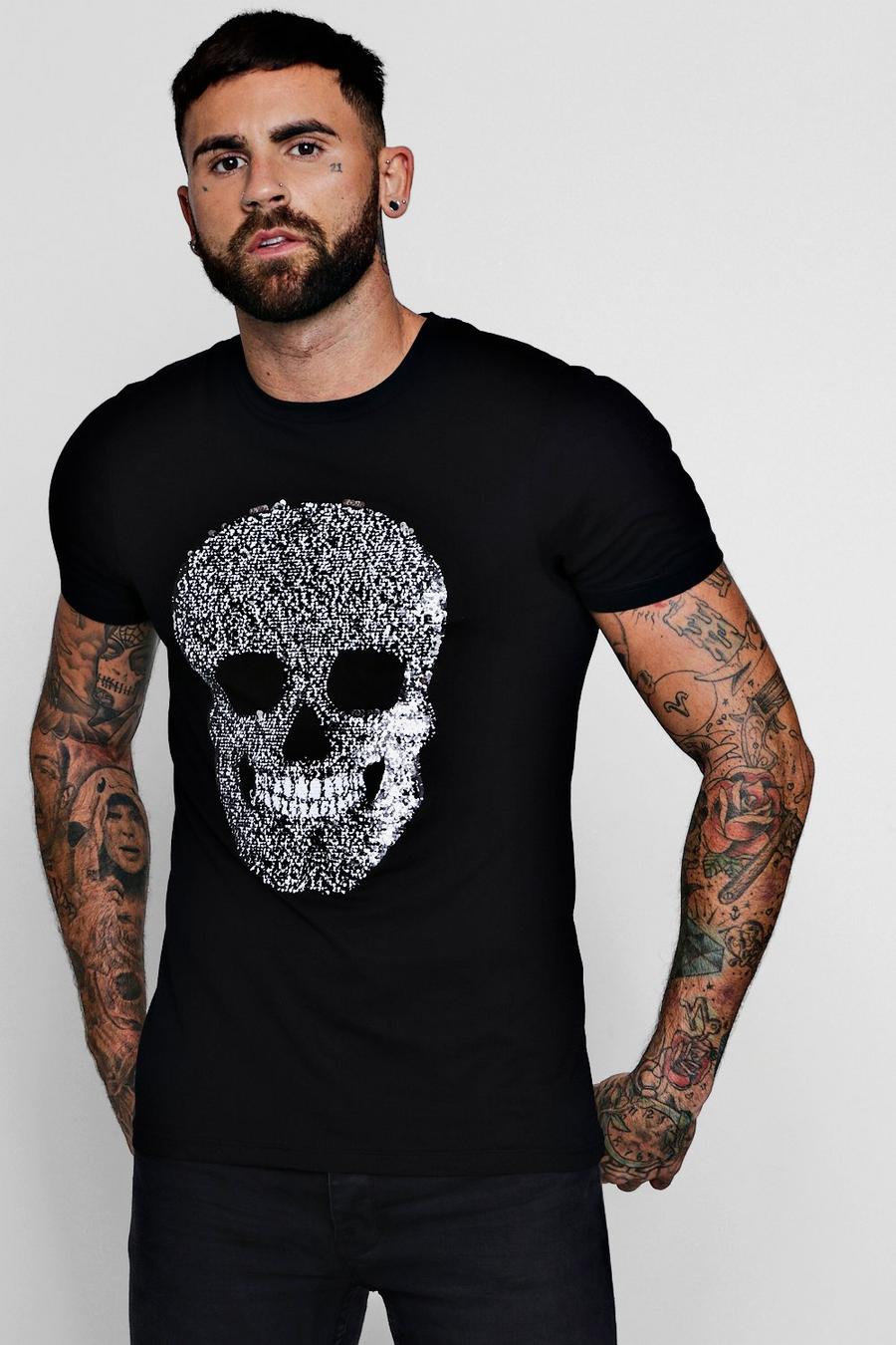 T-Shirt mit Totenkopf aus Pailletten, Schwarz image number 1
