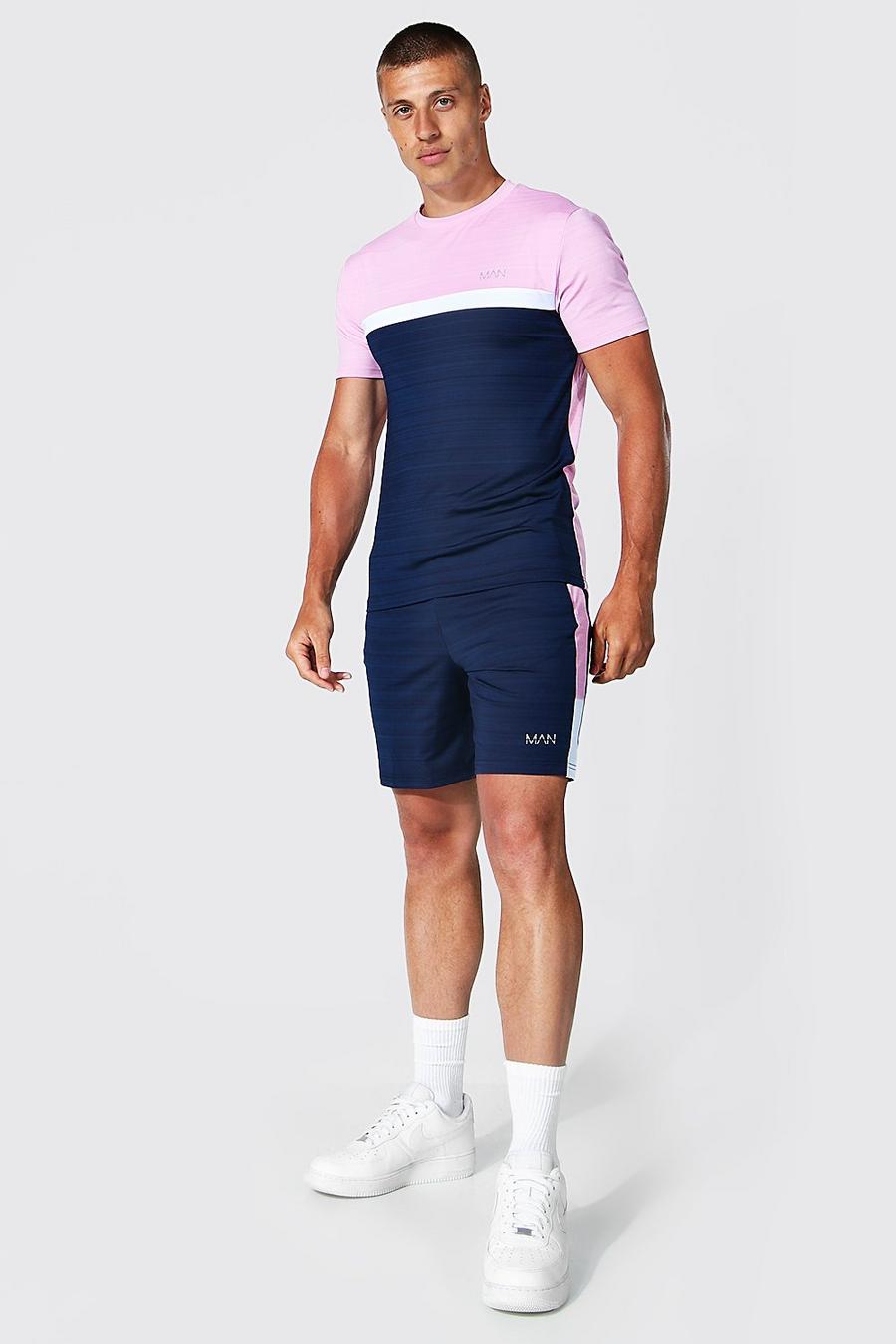 Melierter Man Active Short-Trainingsanzug im Blockstreifen-Design, Rosa image number 1