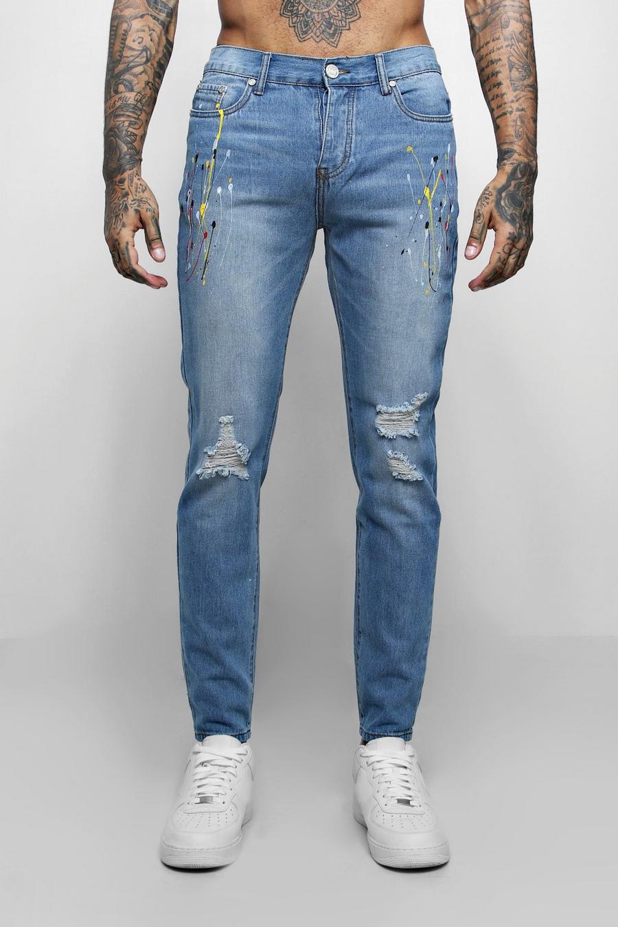 Jeans skinny con schizzo di vernice, Lavaggio effetto vintage azzurro image number 1
