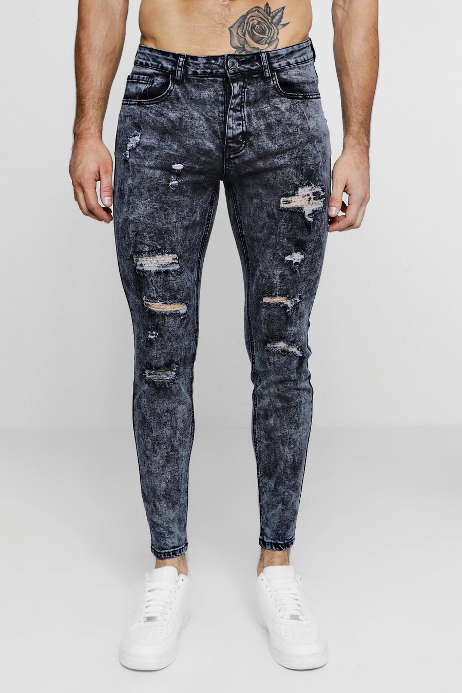 Charcoal Super Skinny Acid Wash Gebleekte Gescheurde Jeans image number 1