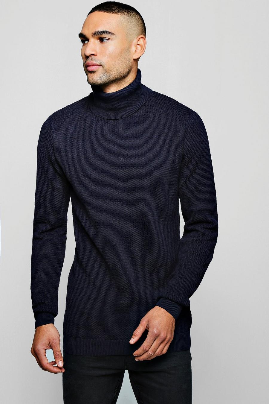 Jersey de algodón con cuello vuelto elegante, Azul marino image number 1