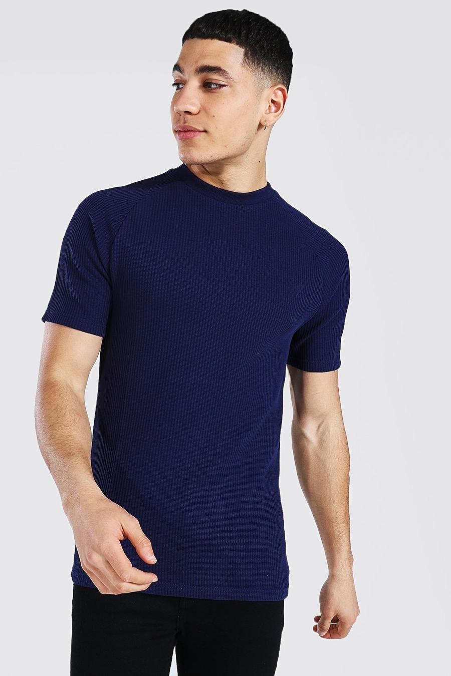 Slim T-Shirt mit Raglanärmeln und Waffelmuster, Marineblau image number 1