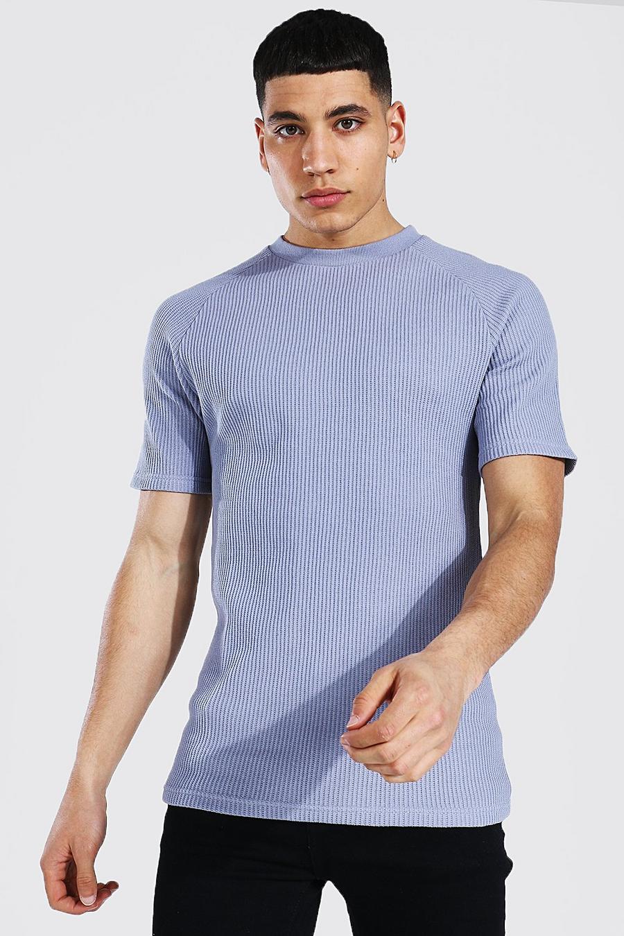 Slim T-Shirt mit Raglanärmeln und Waffelmuster, Taubenblau image number 1
