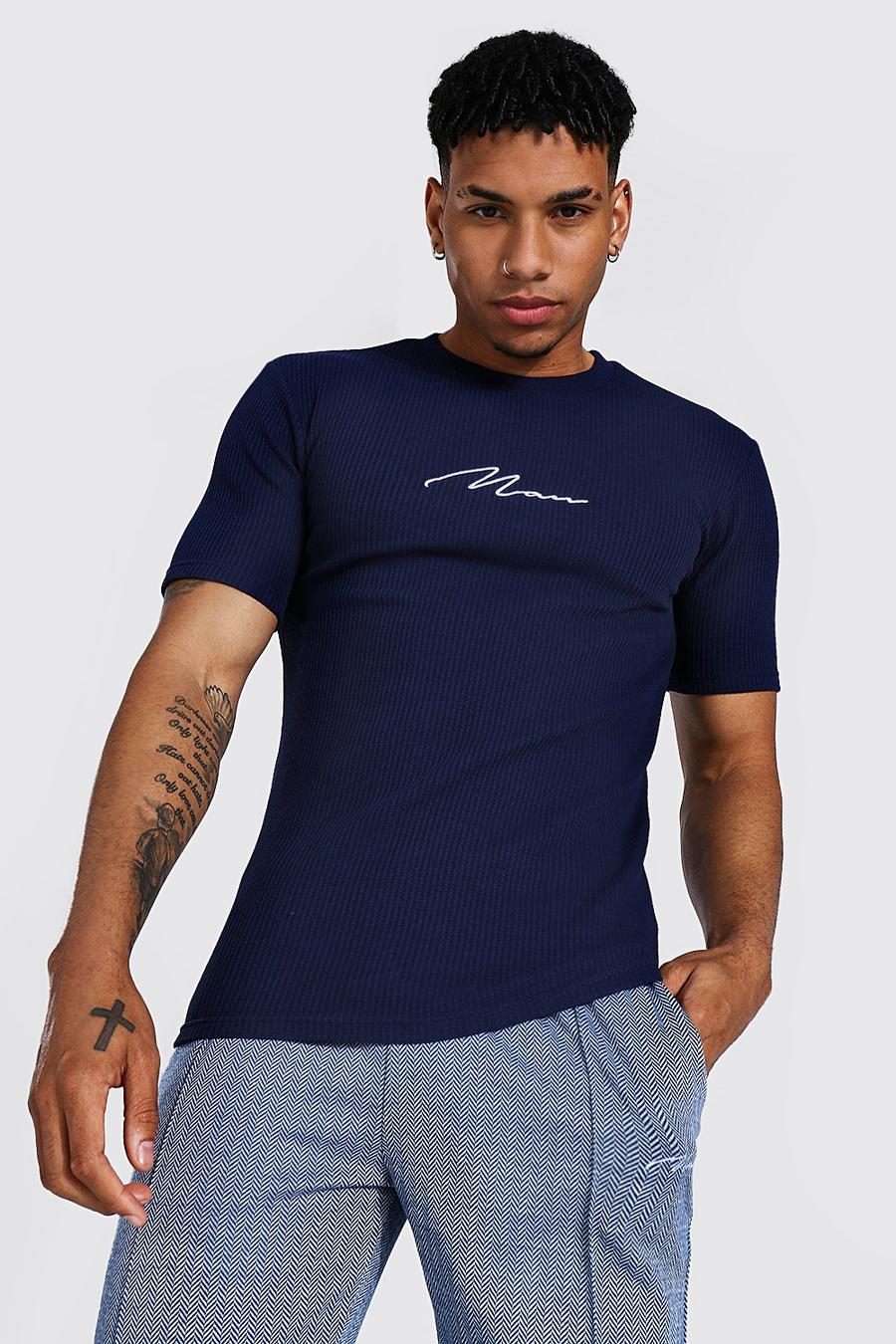 Slim Man Signature Waffel T-Shirt, Navy image number 1
