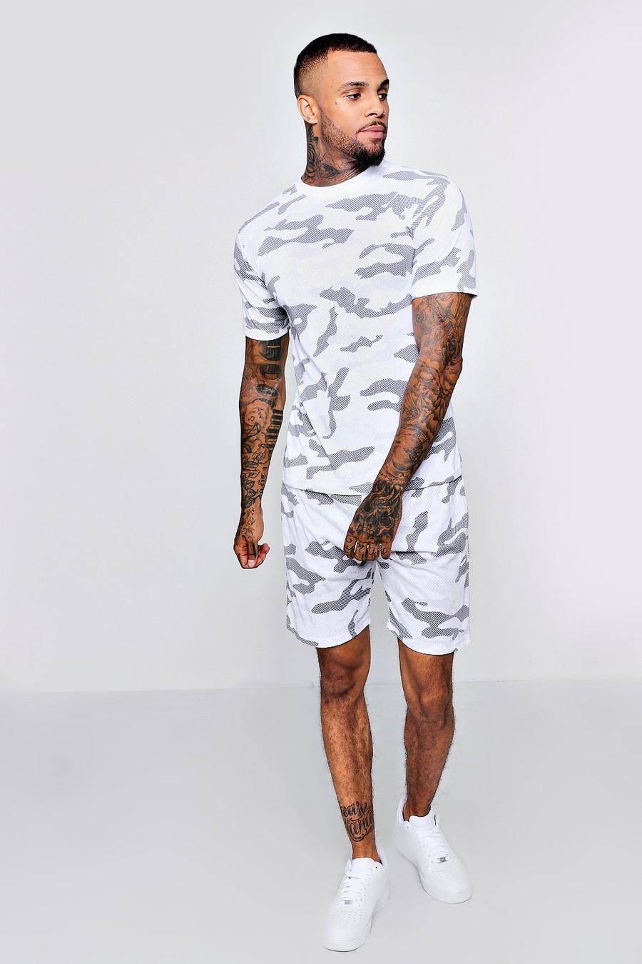weißer Zweiteiler mit T-Shirt und Shorts in Camouflage-Print, Weiß image number 1