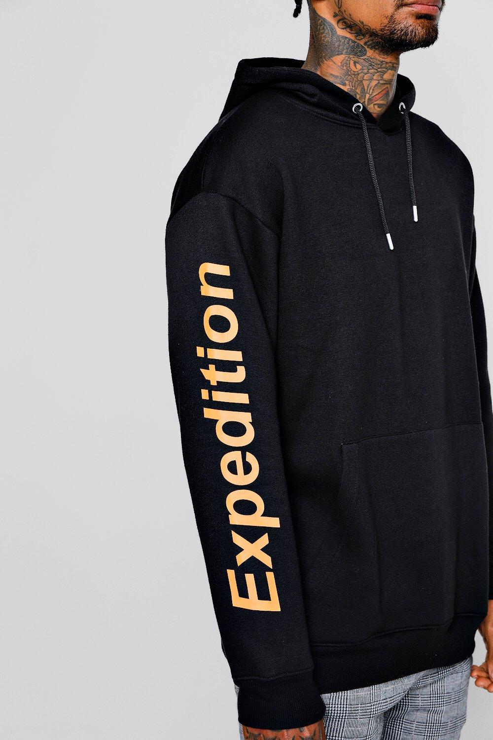 black hoodie sleeve print